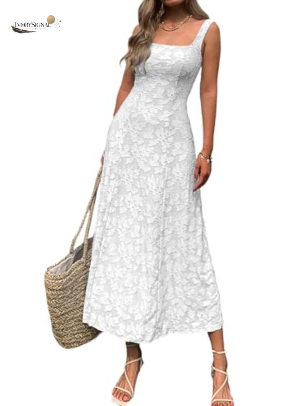 Floral Jacquard Maxi Dress Square Neck Sleeveless A-Line Flowy Sundress